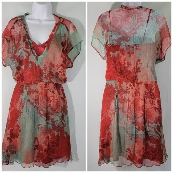 MNG Mango Women's Red/Green Floral Fully Lined V-neck Knee-Length Sundress Sz 4 - Picture 1 of 10